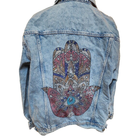 Old Navy Hamsa Sparkle Hand of Fatima Size 2X Denim Jacket - Picture 1 of 7